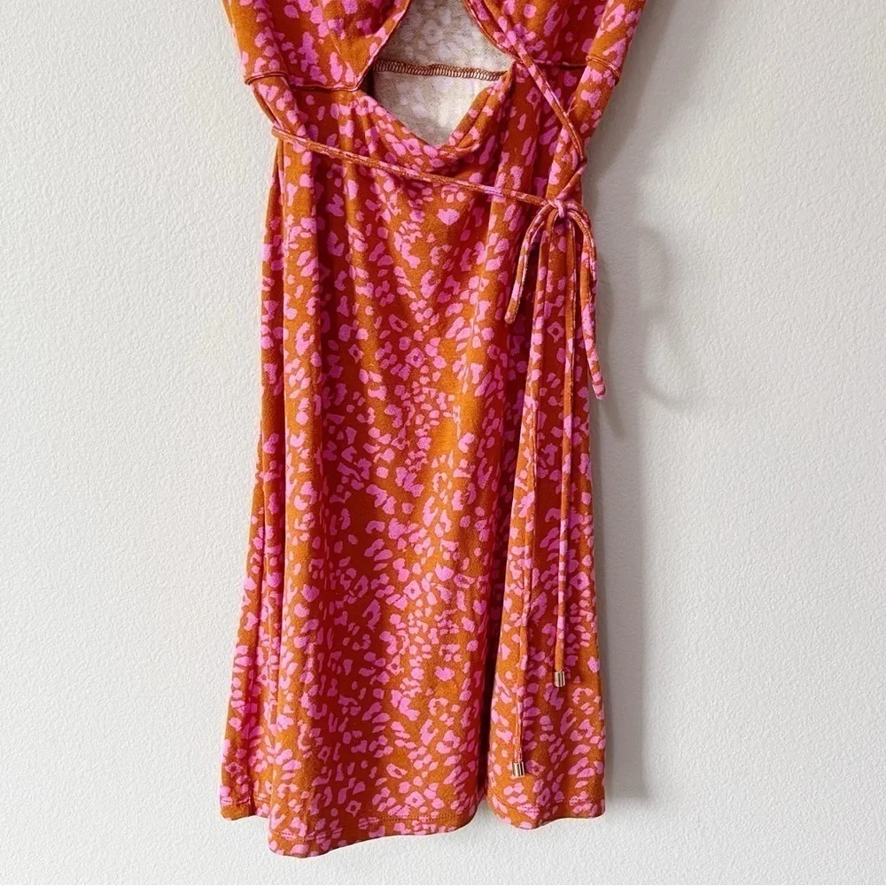 Free People Size Medium Pink Marsaille Mini Dress Leopard Print Wrap Front Tie
